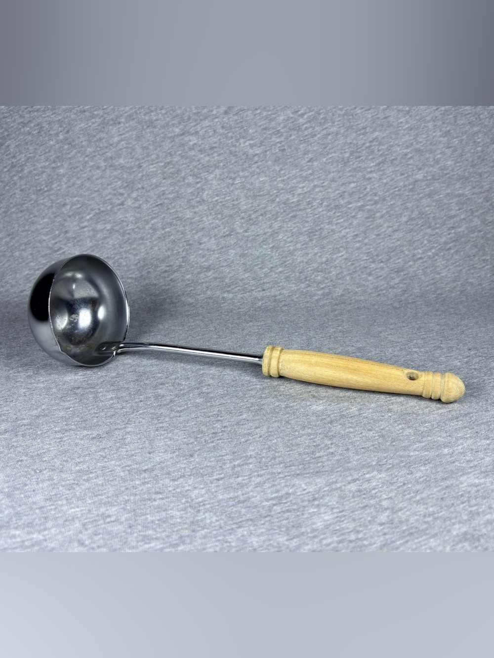 Vintage Ekco Metal Soup Ladle Side Pour Wooden Handle Stainless USA Made
